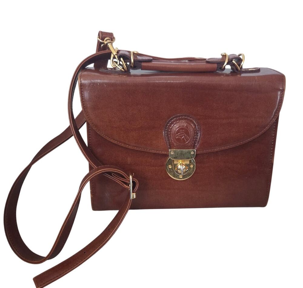 Vintage Brown All-Weather Briefcase Horse Emblem Purse Gold Twiist Hardware